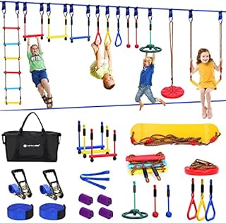 2x65 FT Ninja Warrior Obstacle Course for Kids with 13 Ninja Accessories - 600lbs Weight Capacity, Slackline with Swing Seat, Disc Swing, Ninja Wheel, Rope Ladder, Monkey Bar, Ninja Ring, Arm Trainer