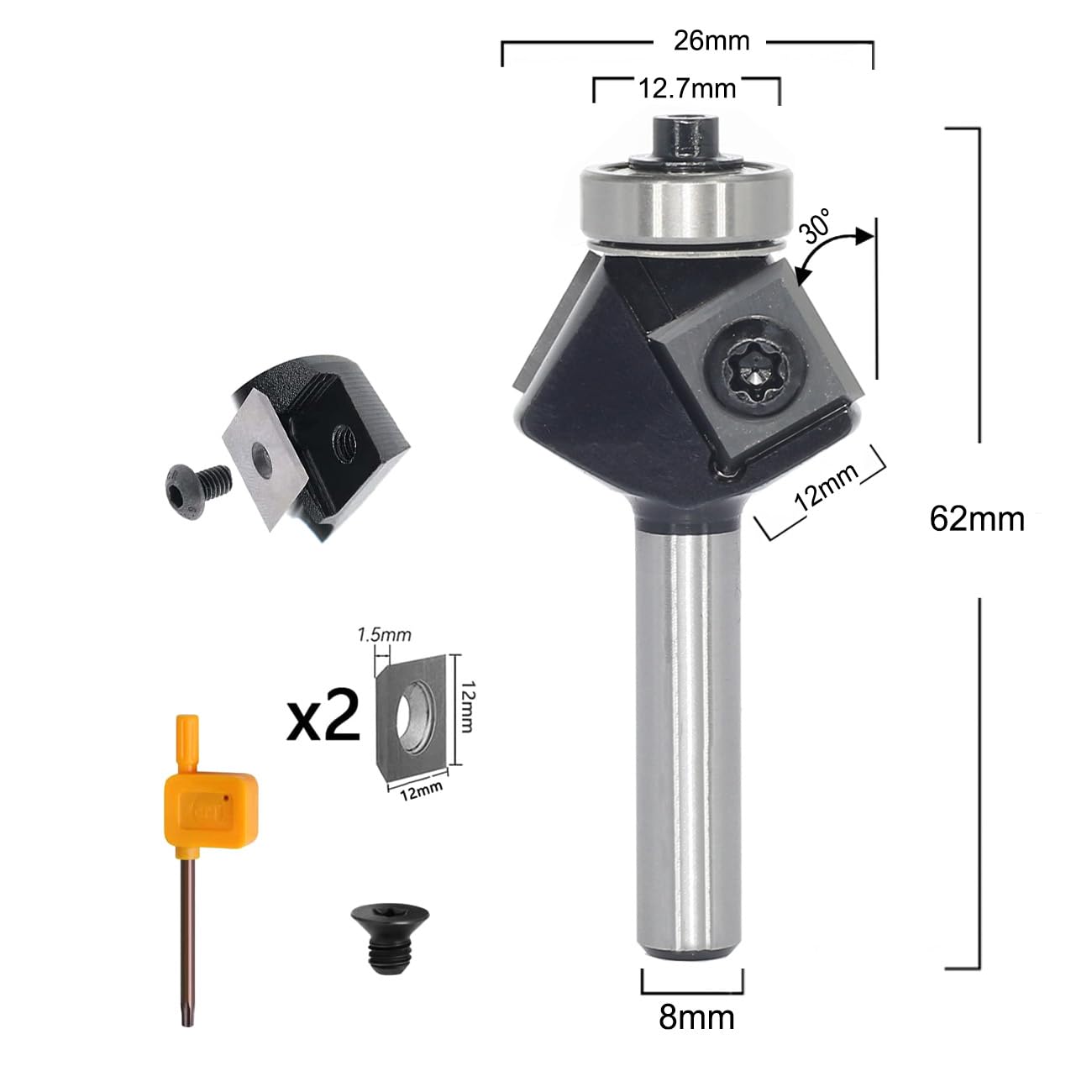 Fraise à chanfreiner avec 4 côtés en carbure de tungstène interchangeable (HW), tige 8 mm, diamètre 27 mm, longueur utile 12 mm, angle 30°, avec roulement à billes.