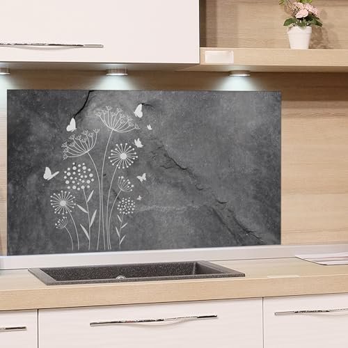 GRAZDesign Crédence de cuisine en verre de 4 mm | Crédence décorative en verre avec motif floral | Panneaux de cuisine pour protection murale en gris -...
