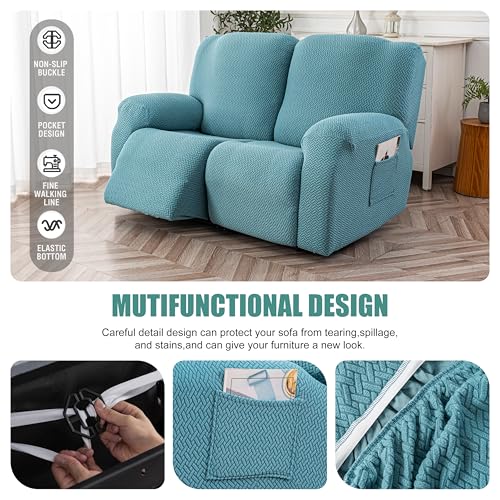 Image of Genina Recliner Loveseat Cover Stretch Couch Covers Sofa slipcover for 2 Seat Reclining Couch Thick Jacquard Furniture Protector (Light Blue)