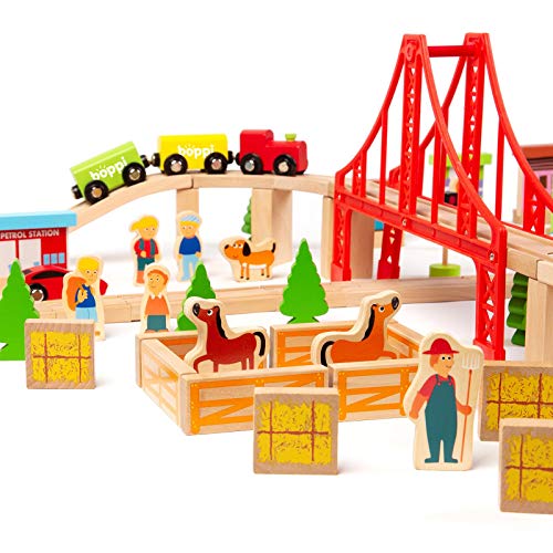 boppi grote houten speelgoedtreinset van 150 stuks met accessoires: poppetjes, boerderijdieren, stadsauto's, tractor, voertuigen, brug, bomen, verkeerselementen, 2 locomotieven met wagons, 44-delige spoorbaan voor kinderen van 3 jaar en ouder - Image 6