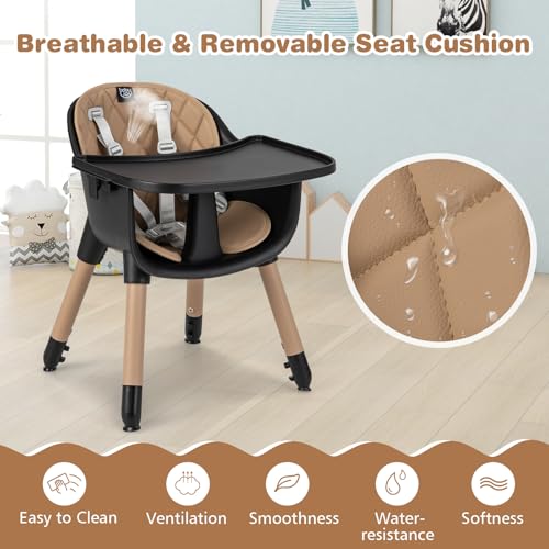Image of BABY JOY High Chair, 5 in 1 Convertible Highchair for Babies & Toddlers | Booster Seat | Table and Chair Set | Infant Feeding Chair with Removable Tray, Safety Harness, Removable Cushion (Brown)