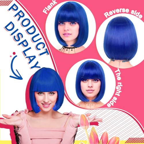 Image of LIULIUBTY Short Bob Hair Wigs Straight with Flat Bangs Synthetic Colorful Cosplay Daily Party Neon Wig for Women with Wig Cap 12 inch Natural As Real (Bob, Sapphire Blue)