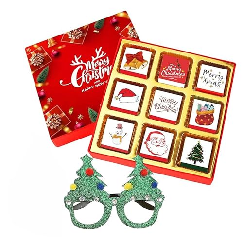 Image of Chocoloony Merry Christmas Chocolate Gift Box Assorted 9 pcs Milk Chocolate Bites and X-Mas Tree Glasses