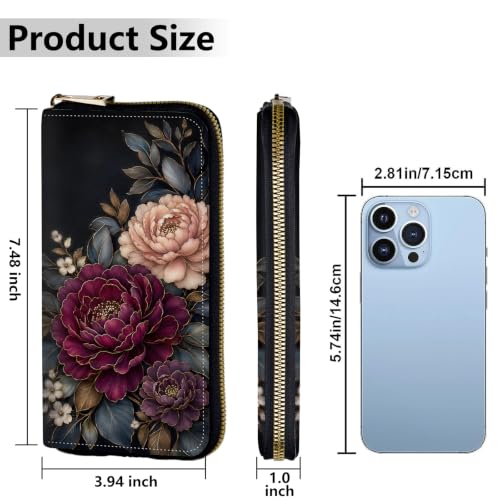 Image of Women's Wallets Credit Card Holder Money Leather Long Wallet | Long wallet with Wristlet,Large Capacity with Zip-Around Phone Purse for Women Ladies Girls,Peony Dark Floral