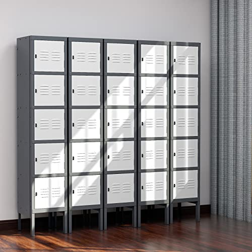 Image of Metal Locker with 5 Doors, 5 Tier Locker Steel Employees Lockers, Tall Steel Storage Lockers for School, Home, Office, Gym(Grey White), (ML-0721)