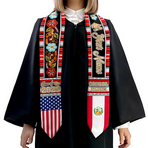 MonkeyVan Personalized Peruvian Graduation Sash, Custom Peruvians American Flag Graduation Stole 2025, Peru Graduation Stole S375