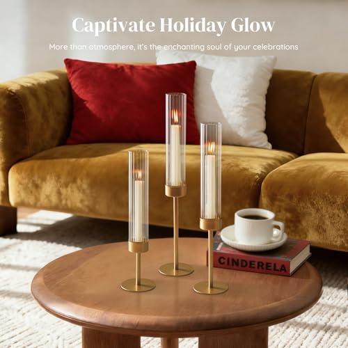 Glasseam Gold Hurricane Taper Candle Holders, 3 Pcs Candlestick with Glass - Image 2