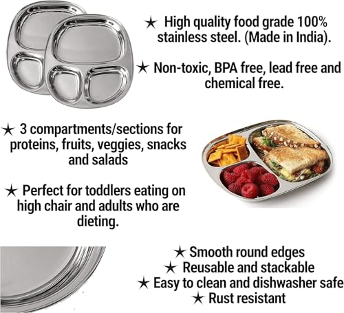 Image of Stainless Steel Plates with Compartments /Tiffin Plates /Pav Bhaji Plates /Partition Plates /Breakfast Plates /Steel Plates for Lunch /Dinner /Kids Plate Set of 3 (Big)
