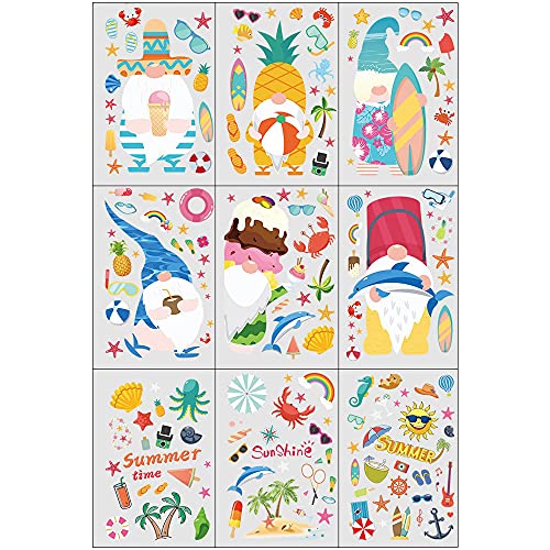 QICI 9 Sheets Summer Window Clings for Glass Window Stickers Decals,165Pcs Hawaiian Gnome Window Stickers Decals for Pool Luau Hawaiian Party Home Kitchen Office Fridge Decorations