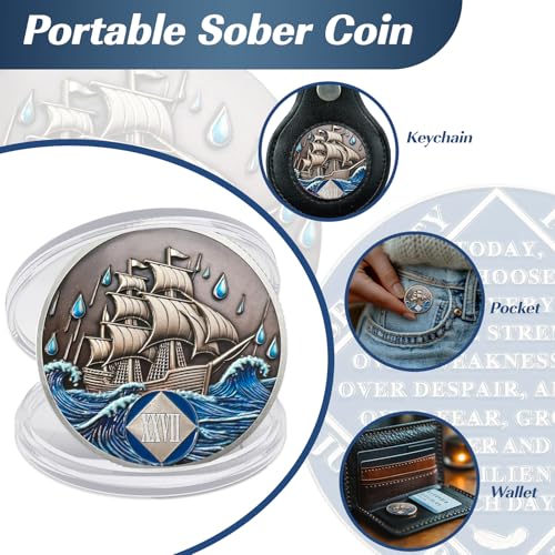 Image of Braving The Storm 27 Year Sober Coin, Nautical NA Coin, Addiction Recovery Twenty-Seven Year Sober Chip, Celebrating Recovery Anniversary Token, Narcotics Anonymous Sobriety Gifts for Men Women