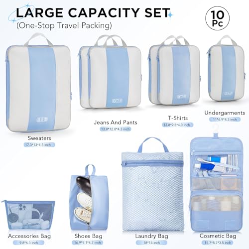 Image of OlarHike 10-Pack Compression Packing Cubes for Travel Essentials,Compressible Expandable Packing Cubes for Suitcase,Luggage Garment Bags for Travel,Handy Helper for Organizing Clothes(Light Blue)