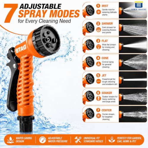 Image of Btag 7-Pattern Garden Spray Gun Hose Nozzle with Adjustable Trigger Handle, Water Spray Nozzle for Car Wash, Lawn & Garden Watering - with Orange Connector (SPRAY001 Orange)