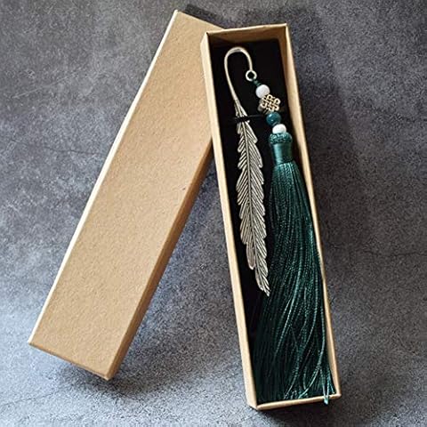 Sibosen Chinese Style Bookmark Stationery Metal Tassel Feather Dark Green Bookmark Pendant Gift for Friend Family Teacher Cover