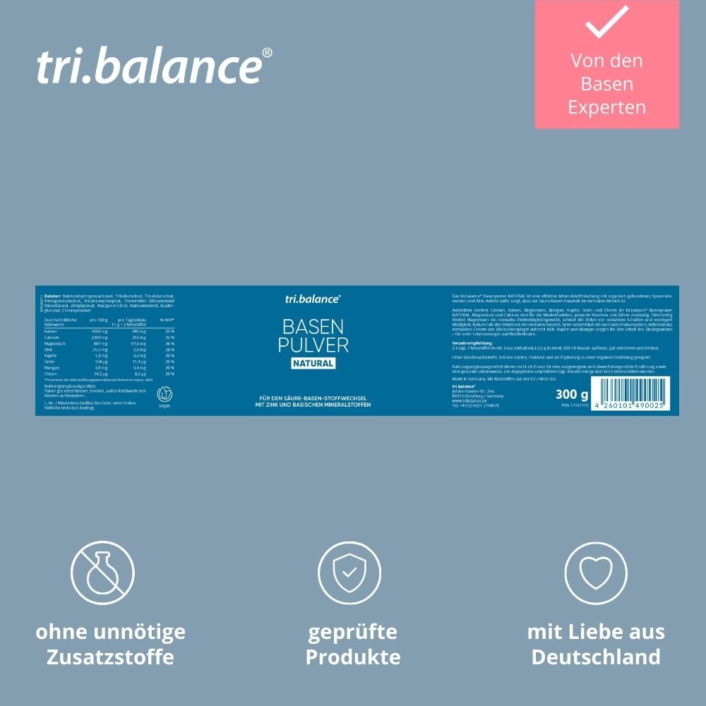 tri.balance Basenpulver NATURAL 4er-Pack 1200 g – ohne Aroma & Süße, vegan | Mit Zink für den normalen Säure-Basen-Stoffwechsel, ohne Zucker und Fruktose, natürlich-mineralisch, ca. 216 Portionen