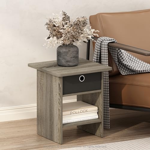Furinno Modern Side Table, Square End Table with Storage Bin, Round Corner Night Stand, Bedside Table with Storage Shelf, for Living Room, Bedroom, Grey Oak - image 1