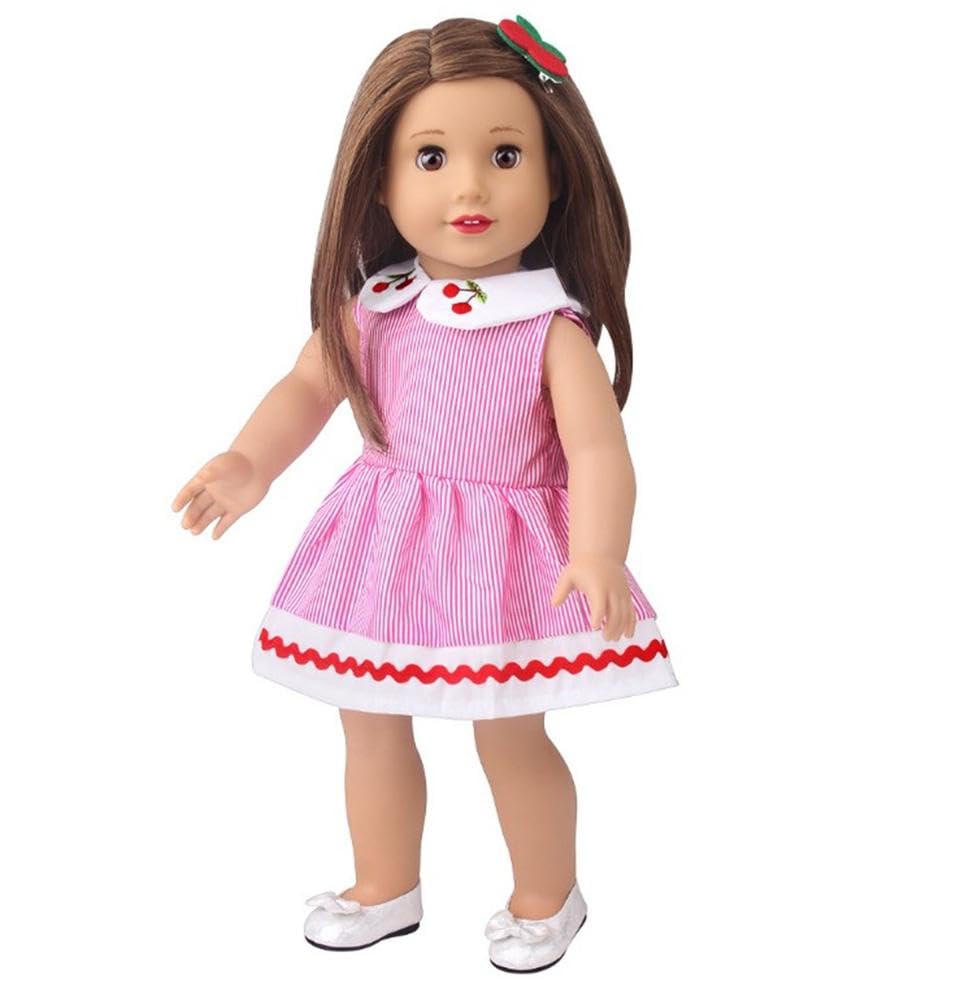 NIXNUT Doll Clothes Dress Striped Pattern Summer Clothing for American Girl Doll 18-inch with Cherry Decoration - Image 4