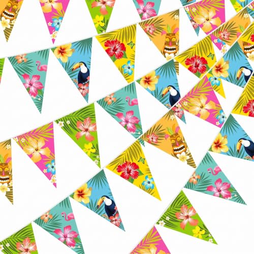 Image of Faccito 5 Pack Hawaiian Tropical Triangle Pennant Banner Palm Leaf 15m | Aloha Luau Tiki Beach Hanging Decor Hibiscus Flamingo Toucan Prints Summer Outdoor Indoor Backdrop Bunting Supplies