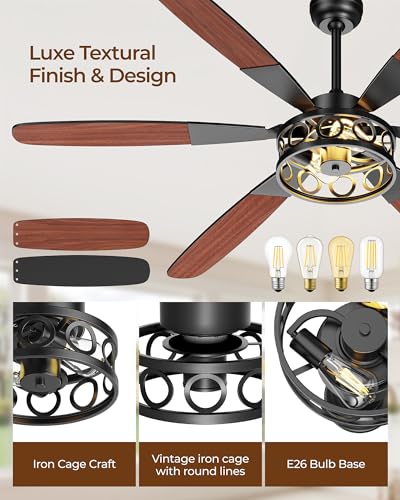 Image of Ceiling Fans with Lights and Remote, 62'' Vintage Caged Ceiling Fan with Light, 6 Blades, 6+1 Speed, Flush Mount Ceiling Fan Whisper-quiet for Farmhouse, Living Room, Kitchen and Porch (62 Inch)