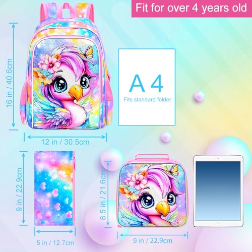 Image of 3Pcs Flamingo Backpack for Girls, 16 inch School Bookbag Set with Lunch Box，Kids Backpacks for Elementary Preschool Kindergarten (Rainbow)