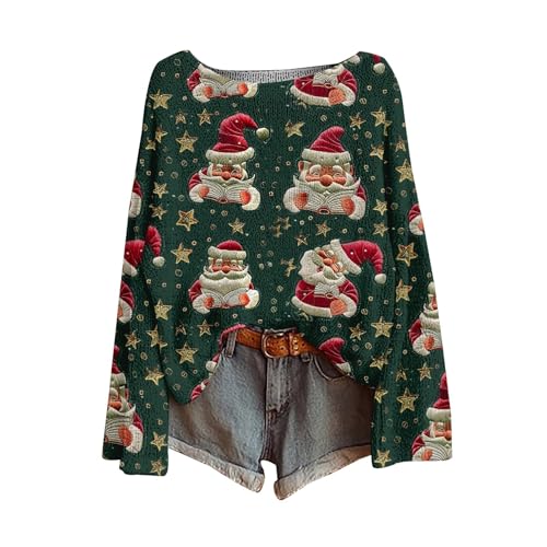Suéteres de Navidad para mujer, divertidos y lindos suéteres de punto de Papá Noel, suéteres de Navidad, suéteres ligeros de cuello redondo, suéteres acogedores y festivos, verde, XX-Large