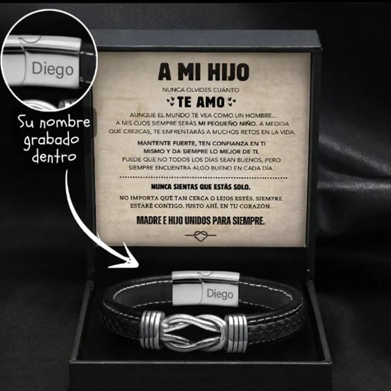 Spanish Card,TO MY SON Customize Name Braided Leather Bracelet With Gift Box, Men's Stainless Braided Leather Bracelet Bangle Wristband,Inspirational Birthday,Christmas Gifts2