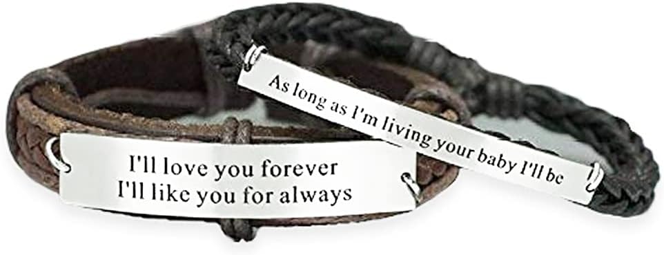 His and Hers Leather Bracelets, Matching Couple Quote Engraved- I'll love you forever, Stainless Steel Brown Leather cord Cuffs, Valentines Gift