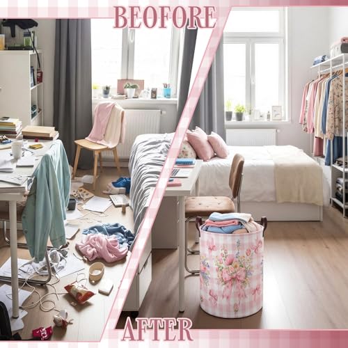 Image of Fourluoo 6 Pack Pink Bow Fabric Storage Basket Waterproof Laundry Hamper with Handles Flower Round Storage Bin for Clothes Foldable Organizer for Bedroom Nursery Bathroom