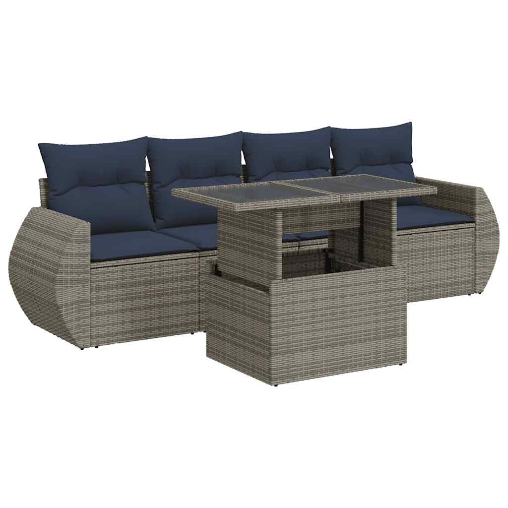 Salon de jardin 5 pcs en résine tressée et bois d'acacia avec coussins gris