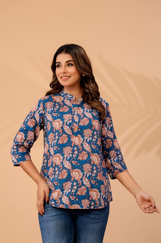 Image of Women's Cotton Printed Kurta Top | 3 /4 Sleeve Straight Kurti Casual Outings
