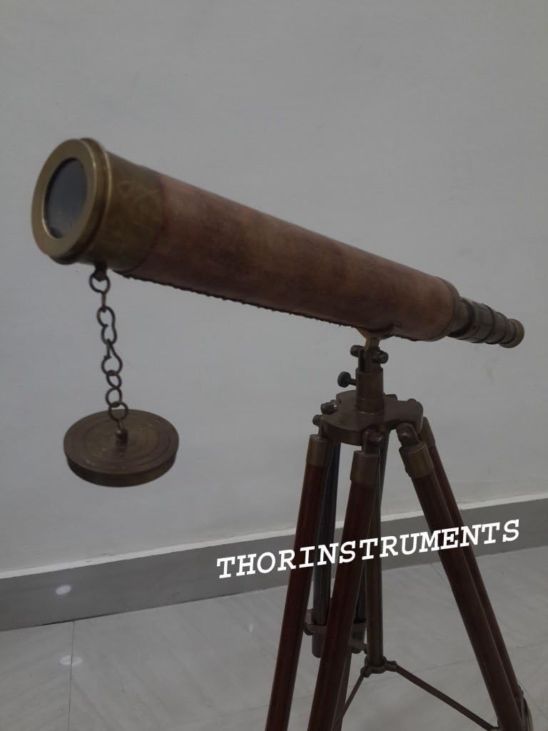 Vintage Marine Nautical Brown Leather Telescope 17" Maritime W/Wooden Tripod Stand Gift Item. Rustic Vintage Home Decor Gifts