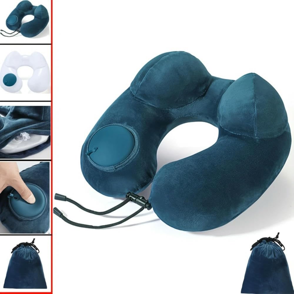 Almohada inflable portátil en forma de U, hipoalergénica, suave, cojín de viaje con botón de presión, fácil de inflar
