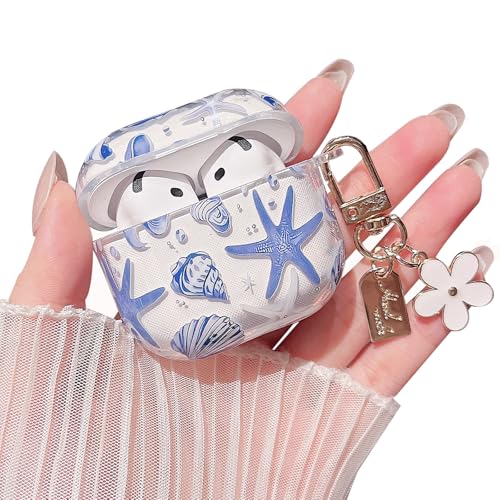 MINSCOSE Kompatibel mit AirPods 4 Clear Case, niedliche schöne Muschel und Starfish Muster Design mit Schlüsselanhänger, weiche TPU Schutz stoßdichte Abdeckung für AirPods 4 für Frauen Mädchen-Blau