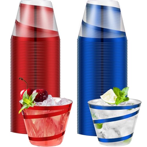 Gejoy 9 oz Rimmed Swirl Plastic Cups Disposable Wine Drinking Cups Clear Elegant Graduation Tumblers for Wedding Party Supplies(100 Pcs,Red, Blue)