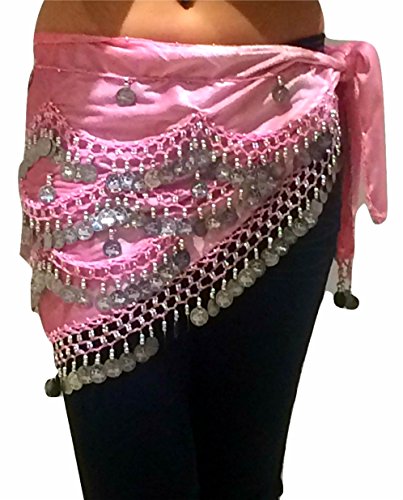 Belly Dance Hip Belt Scarves Traje de Baile Coin Hip Bufandas Cinturones FITS S a M UK 8-12/16 (BEBÉ PINK SILVER)