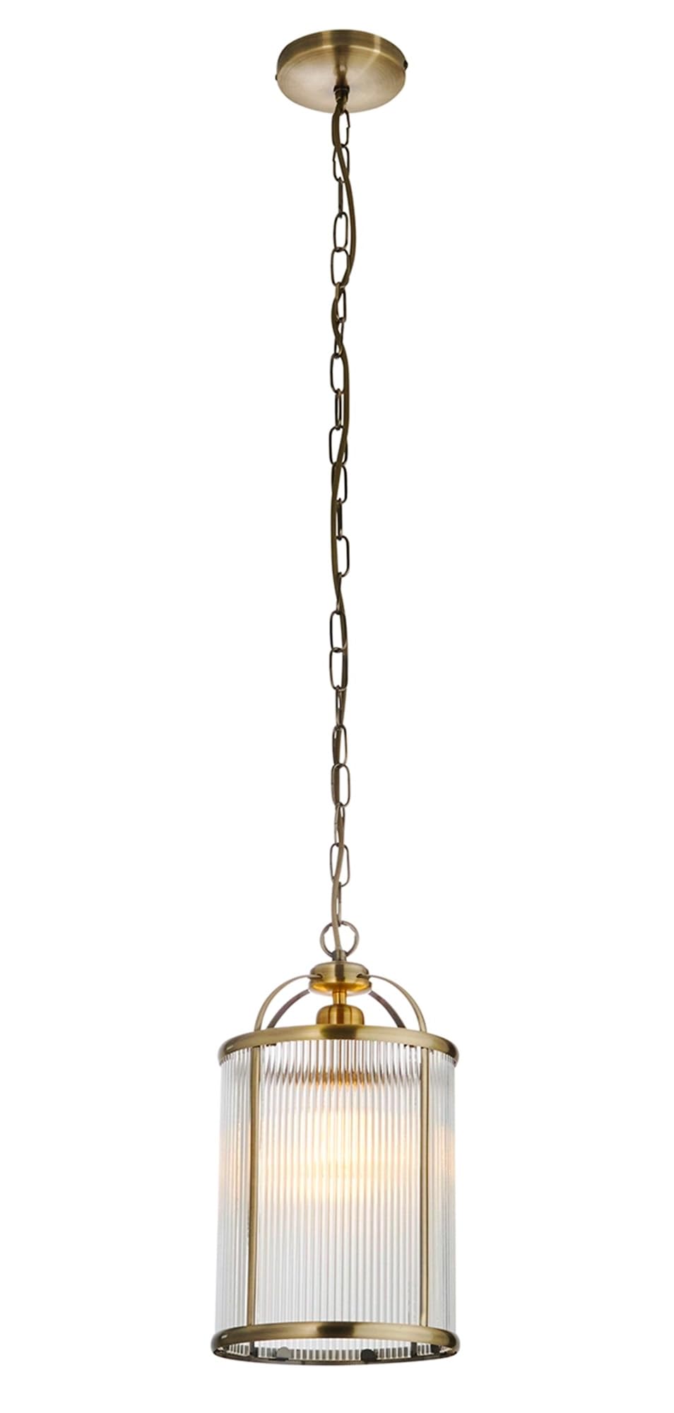 National Lighting Mateo Pendant Light 200mm - Antique Brass with Clear Ribbed Glass Shade, Adjustable Chain, Elegant Ceiling Hanging Light Fixture for Hallway, Dining Room, Stairwell & Living Space