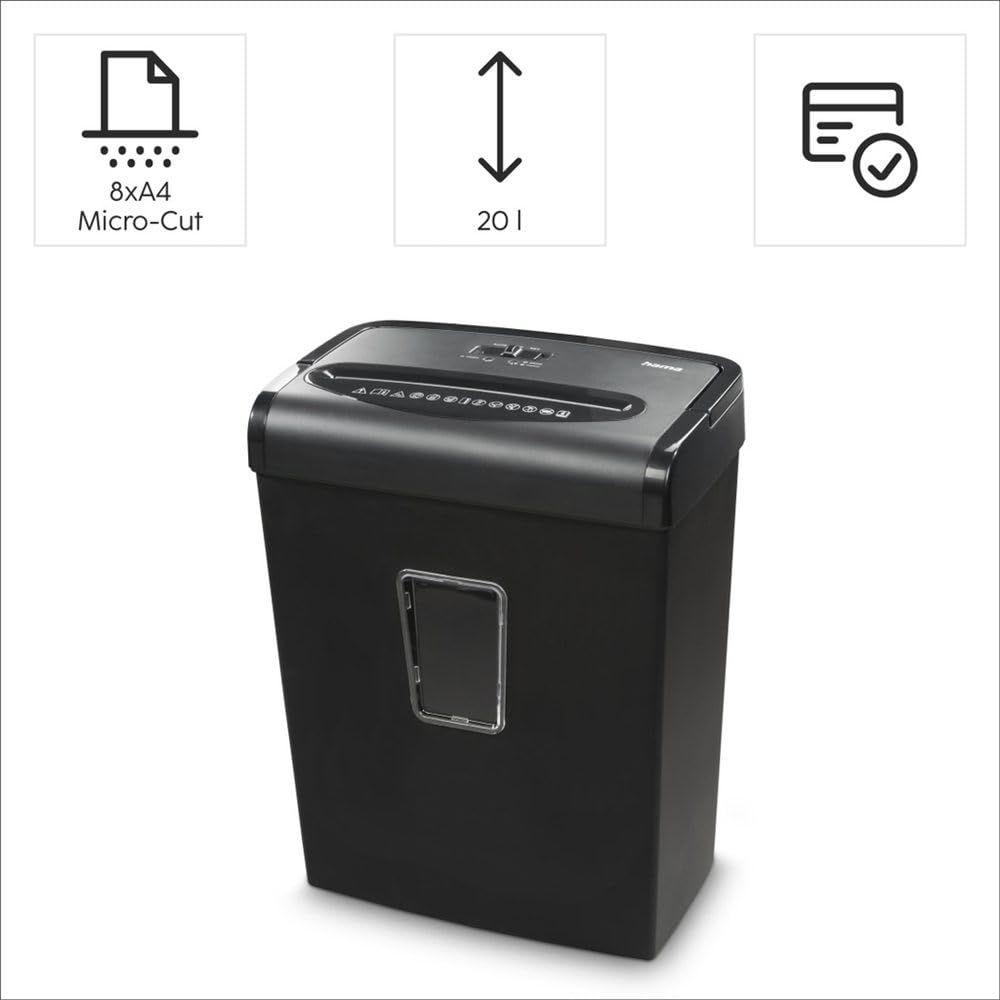 Hama Distruggidocumenti professionale Home Office (taglio a particelle, trituratore, elettrico, 8 fogli di carta, trituratore in plastica, cestino da 20 litri, livello di sicurezza 5 GDPR)