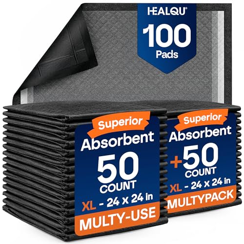 Image of Healqu Puppy Pads Dog Training Pad Black Charcoal, Activated Carbon & Advanced Leakproof Technology (24x24 Pack of 100)