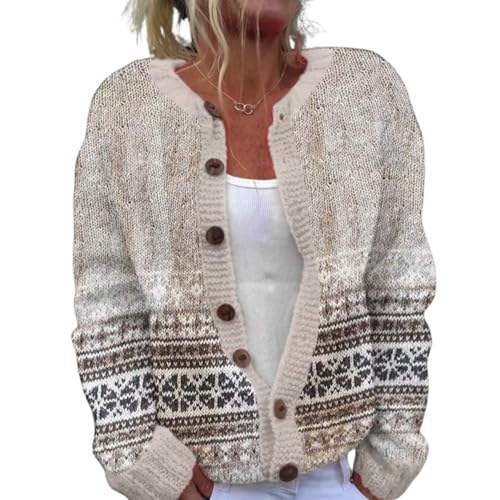 HOTYD Floral Print Fair Isle Cardigan Sweaters for Women Crewneck Loose Fit Button Up Chunky Sweater Trendy Open Front Casual Knit Jacket Fashion Fall Outfits for Women 2025 Snowflake Grey L