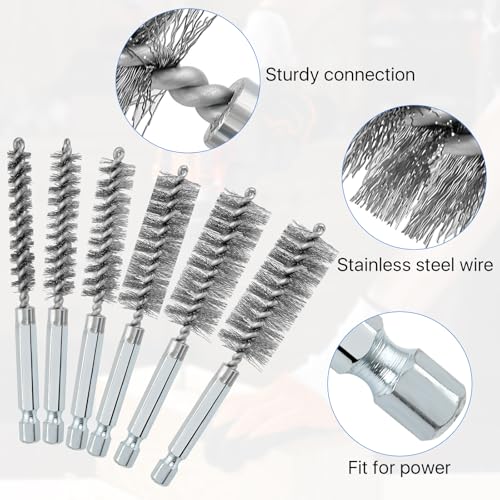 Image of 18 Pcs Wire Brush for Drill, Stainless Steel Bore Brush with 1 /4 inch Hex Shank, Metal Tube Cleaning Brush, Brush Attachment for Drill Impact Driver in 6 Sizes(8mm, 10mm, 12mm, 15mm, 17mm, 19mm)
