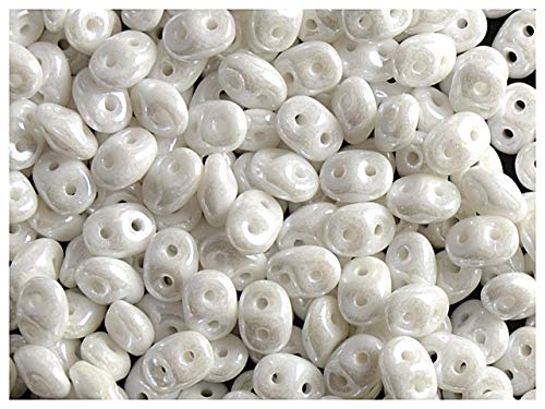 Matubo SuperDuo Beads, 2.5x5 mm, 20 g, cuentas de vidrio prensado checo en la forma de rombo con dos agujeros, Chalk White/White Luster (white opaque with shine)