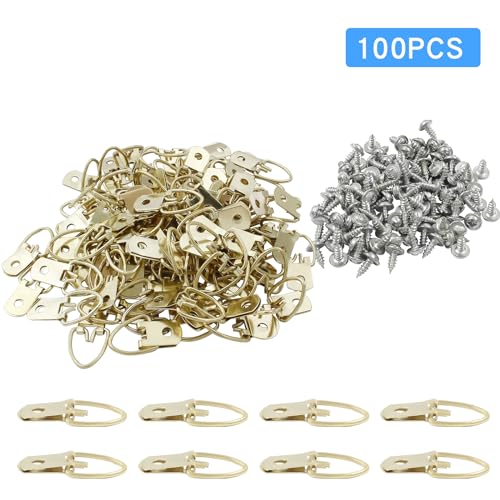 Image of 100 Pack D Ring Picture Hangers, Metal Picture Frame Hangers with Screws, Single Hole Hook for Clocks, Paintings, Decorations(Gold)