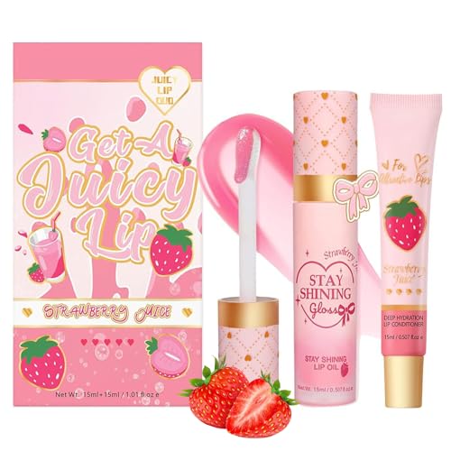 Lip Conditioner & Lip Oil Set Tinted Lip Balm Set Lipstick Lipgloss Waterproof Long Lasting Lipstick for Lip Plumper Gloss And Makeup Liquid Blush Lip Tint Gift (Strawberry One Size)