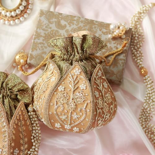 Image of THE TAN CLAN Pushp Zardozi Embroidered Mini Lotus Potli Bag - Handcrafted Silk Pouch with Intricate Zardozi & Lotus Design for Weddings, Bridal Accessories, and Special Occasions
