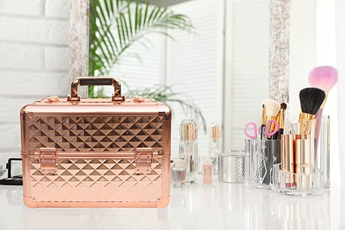 Professional Beauty Makeup Cosmetic Vanity Case/Box (Diamond Cut Rose Gold)