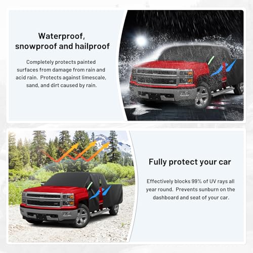 Image of 420D Car Cover Fits for RAM 1500 Limited Crew Cab 2019 /Silverado 2500 AWD 2015 /Sierra 1500 2011All Weather Truck Car Covers with Zipper Door & Reflective Safety Strips,Sun Rain Snow Dust Uv Protection