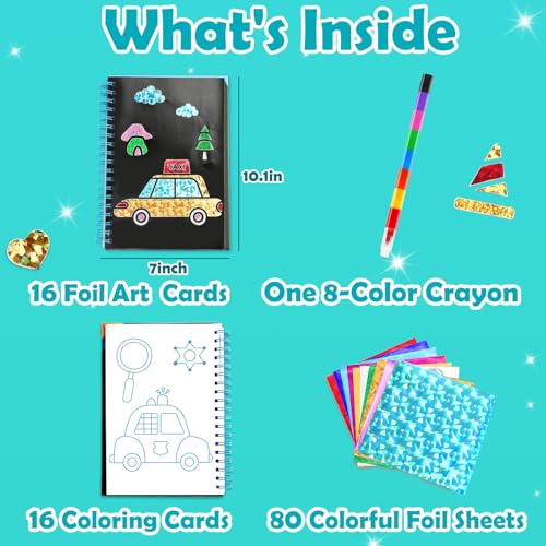 Image of FUNNYB&G Foil Art Craft Kit for Boys 4-10 Years Old: Mess-Free & No-Glue, Create 16 Sparkly Vehicle Pictures - Perfect Travel Toy & Birthday Gift for Kids (Vehicle)