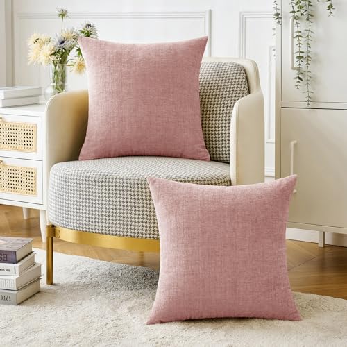 Image of MIULEE Pack of 2 Couch Valentines Throw Pillow Covers 18x18 Inch Soft Spring Blush Pink Chenille Pillow Covers for Sofa Living Room Solid Dyed Pillow Cases