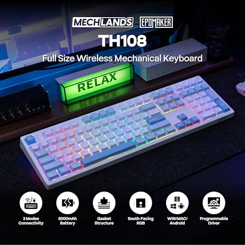 Image of MechLands EPOMAKER TH108 Full Size Mechanical Keyboard, Wireless Gaming Keyboard, 8000mAh Battery, Creamy Gasket, 108 Keys, Hot Swap, Custom Driver, RGB Backlights (Blue&White, Sea Salt Silent Switch)