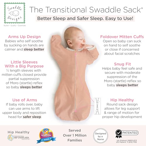 Image of SwaddleDesigns Transitional Swaddle Sack, Arms Up Half-Length Sleeve & Mitten, Most Gradual Transition Swaddle for Newborn